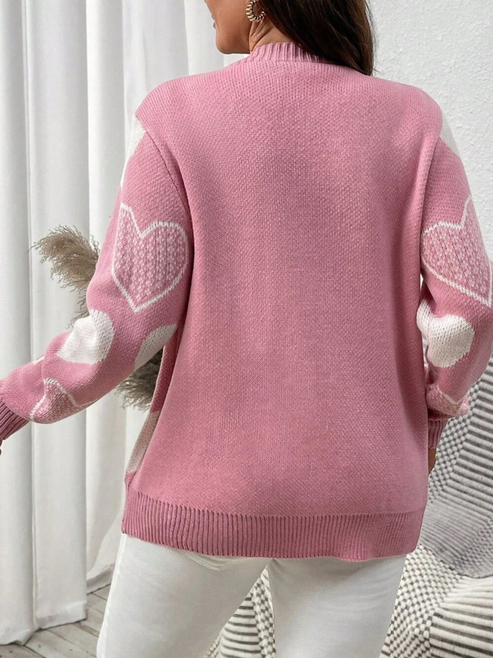 Pink Casual Women's Heart Pattern Rhinestone Cardigan - Picture 2 of 8